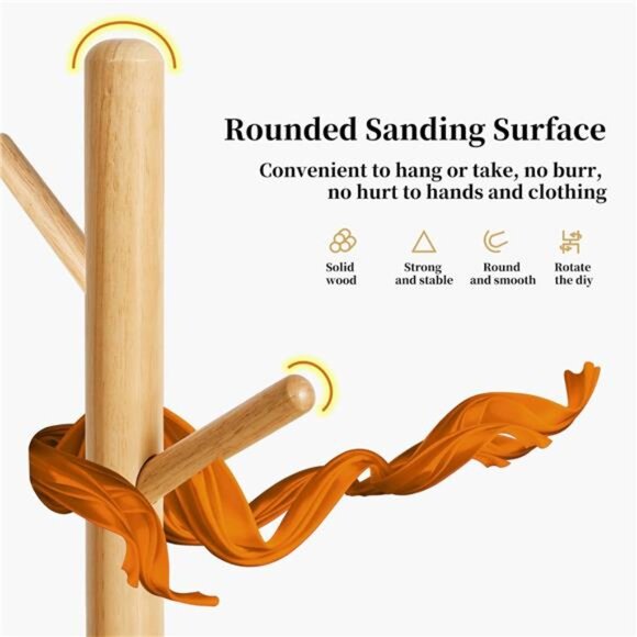 Wooden Coat Rack, Free Standing Coat Stand with 8 Hooks and 3 Height Options - Picture 4 of 7